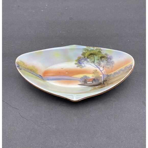 Vintage Noritake Celery Dish Hand Painted House Lake Japan Oblong Decorative - Picture 1 of 13